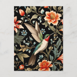 Beautiful Hummingbird on Dark Floral Background Postcard
