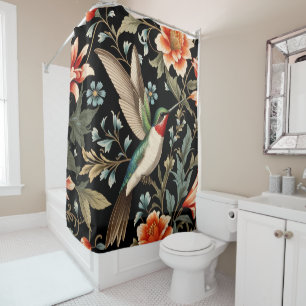 Beautiful Hummingbird on Dark Floral Background Shower Curtain