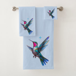 Beautiful Hummingbird on Light Blue Bath Towel Set