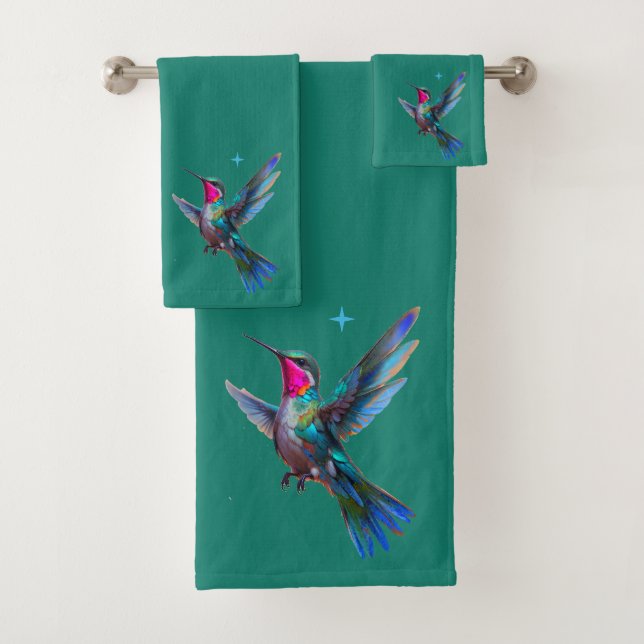 Beautiful Hummingbird on Teal Blue  Bath Towel Set (Insitu)