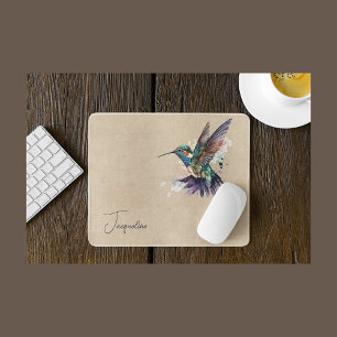 Beautiful Hummingbird Purple & Blue Watercolor Mouse Pad
