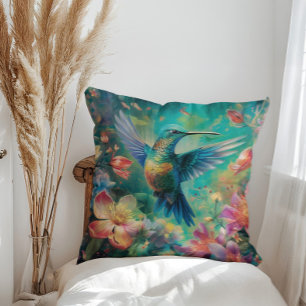 Beautiful Hummingbird Surrounded by Flowers Cushion