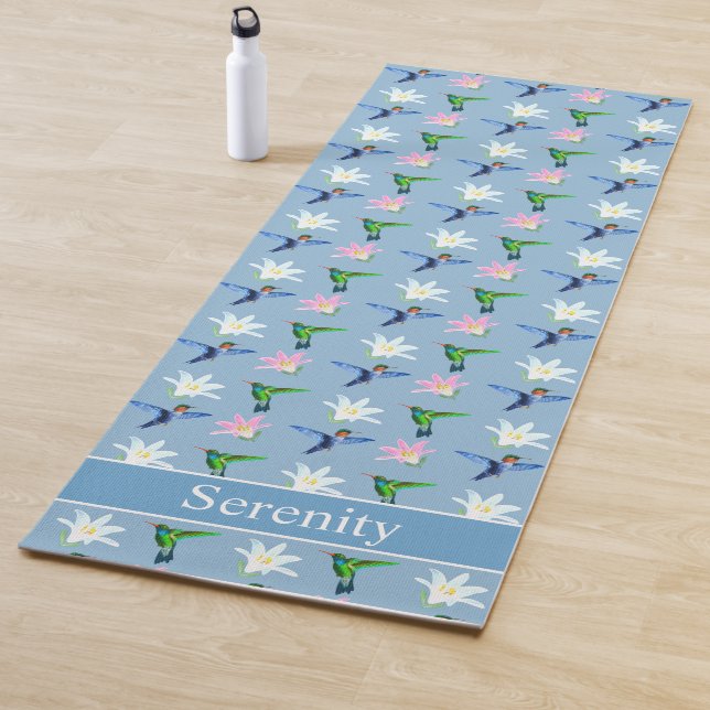 Beautiful Hummingbirds & Flowers on Light Blue Yoga Mat (In Situ)