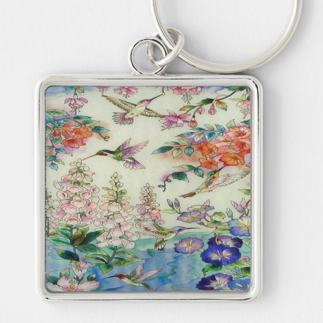 Beautiful Hummingbirds Flowers Stained Glass Art Key Ring (Front)