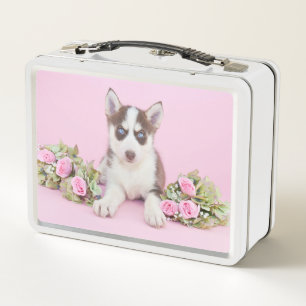 Beautiful Husky Puppy with Pink Roses Metal Lunch Box