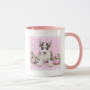 Beautiful Husky Puppy with Pink Roses Mug