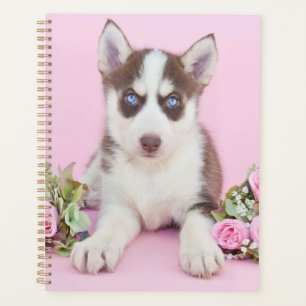 Beautiful Husky Puppy with Pink Roses Planner
