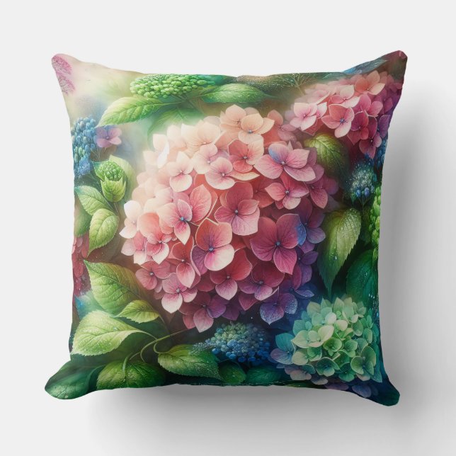 Beautiful Hydrangea Pink and Green Cushion (Front)