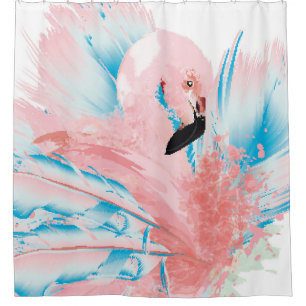 Beautiful illustration with drawn pink flamingo an shower curtain