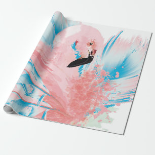 Beautiful illustration with drawn pink flamingo an wrapping paper