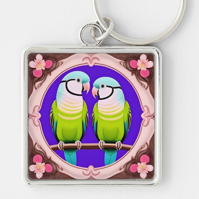 Beautiful Illustrative Parrots Together Key Ring (Front)