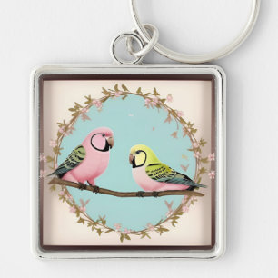Beautiful Illustrative Parrots Together on a Branc Key Ring