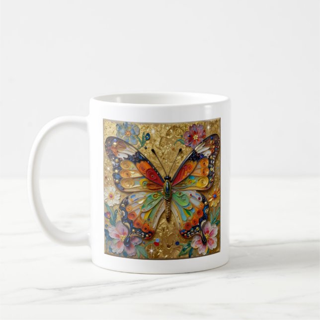 Beautiful Impasto Butterflies and Flowers Poem Coffee Mug (Left)