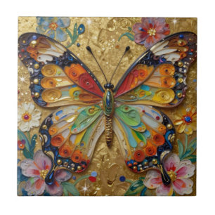 Beautiful Impasto Butterfly and Flowers Ceramic Tile