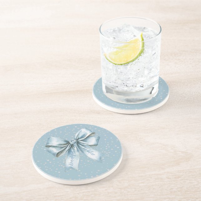 Beautiful in Blue Bow Faux Diamonds Coaster (Side)
