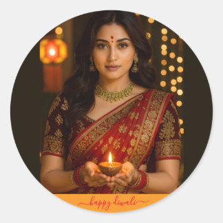 Beautiful Indian Woman Holding Diwali Lamp Classic Round Sticker