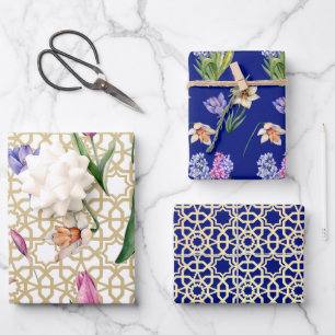 Beautiful Indigo & Gold Spring Blossom Wrapping Paper Sheet
