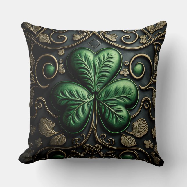 BEAUTIFUL INTRICATE GREEN IRISH SHAMROCKS CUSHION (Front)