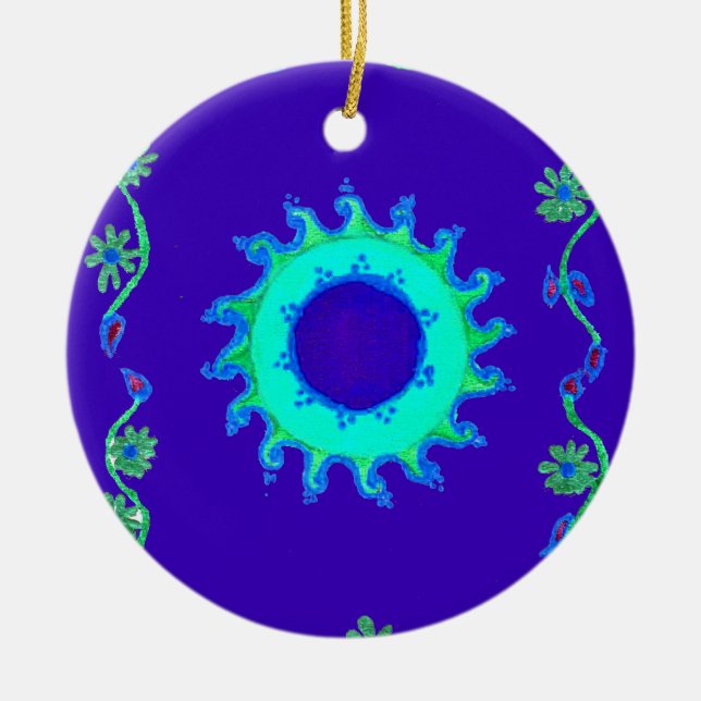 Beautiful Iridescent Blue Floral Art Oil Painting  Ceramic Tree Decoration (Front)