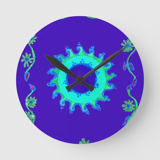 Beautiful Iridescent Blue Floral Art Oil Painting  Round Clock (Front)
