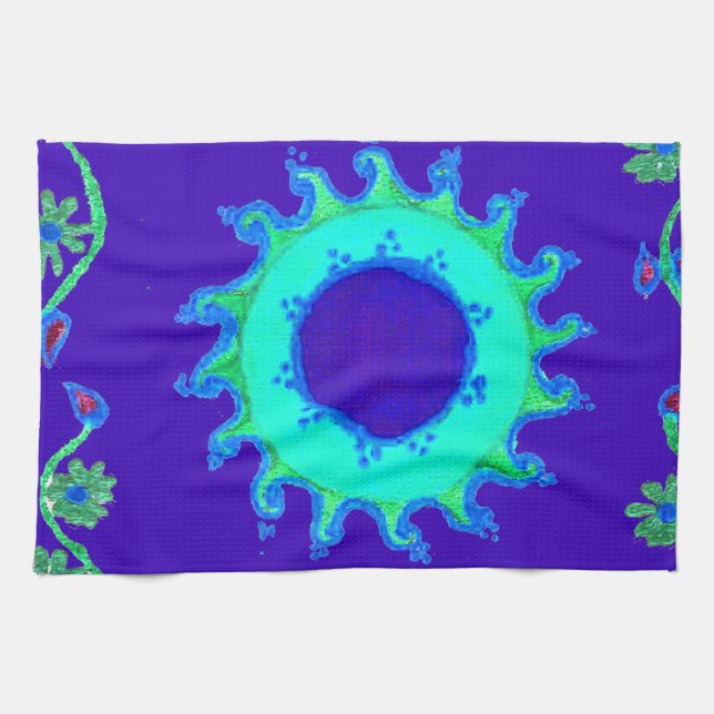 Beautiful Iridescent Blue Floral Art Oil Painting  Tea Towel (Horizontal)