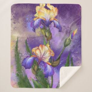 Beautiful Iris Flower - Migned Painting Art Sherpa Blanket