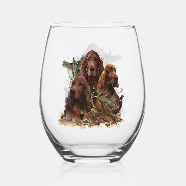 Beautiful Irish  Setters  with Pheasant ,  Art  Stemless Wine Glass (Back)