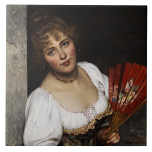 Beautiful Italian Woman with a Red Fan Ceramic Tile