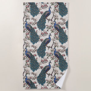 Beautiful Ivory Peacocks and Magnolia Flowers Beach Towel