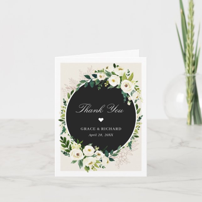 Beautiful Ivory White Greenery Floral Wedding Thank You Card (Front)