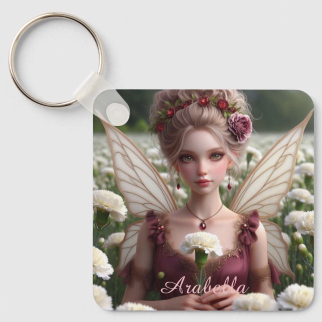 Beautiful January Fairy in Carnations Key Ring (Front)