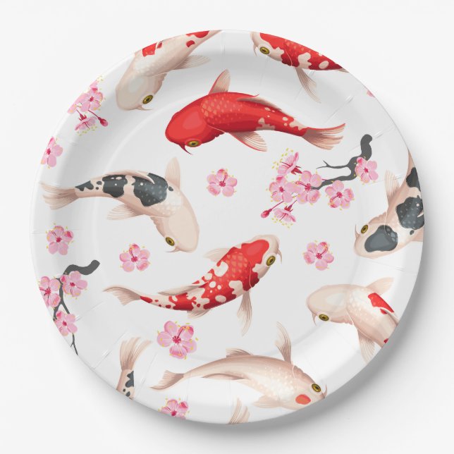 Beautiful Japanese Floral Red Koi fish Paper Plate (Front)