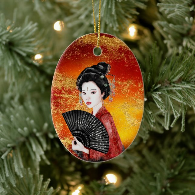 Beautiful Japanese Geisha Gold, Red Christmas Ceramic Ornament (Tree)