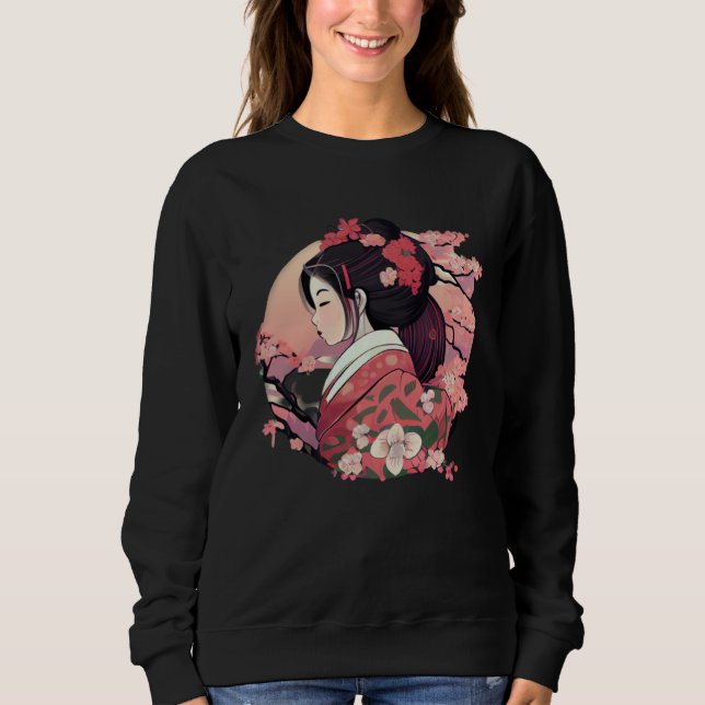 Beautiful Japanese Geisha lady with blossom flower Sweatshirt (Front)