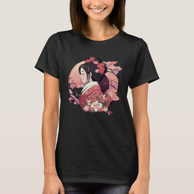 Beautiful Japanese Geisha lady with blossom flower T-Shirt (Front)