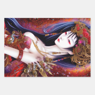 Beautiful Japanese Girl Gothic Fantasy Triptych Wrapping Paper Sheet