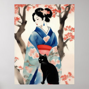 Beautiful Japanese Girl with a Black Cat Poster