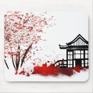 beautiful japanese house in cherry blossom forest mouse pad