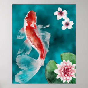 Koi Fish Shower Curtain Cherry Blossom Watercolor Flower Carp