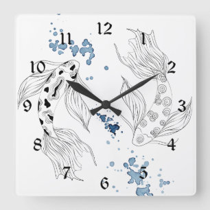 Beautiful Japanese Koi Fish Swimming Square Wall Clock