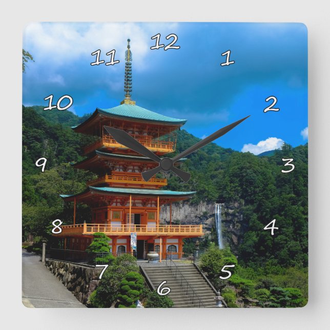 Beautiful Japanese Pagoda & Waterfall Square Wall Clock (Front)