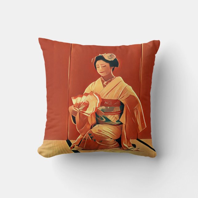 Beautiful Japanese Vintage Geisha in Kimono Red Cushion (Front)
