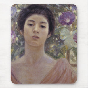 Beautiful Japanese Woman and Morning Glory Flowers Mouse Pad