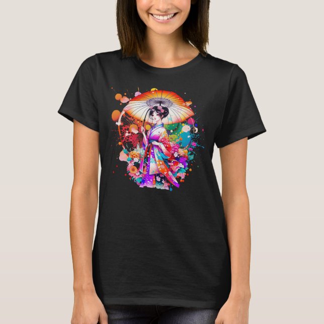 Beautiful Japanese Woman in Kimono Parasol T-Shirt (Front)