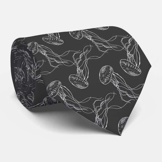 beautiful jellyfish pattern black background tie (Rolled)