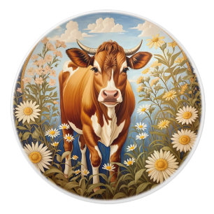 Beautiful Jersey Cow In Daisy field Vintage Ceramic Knob