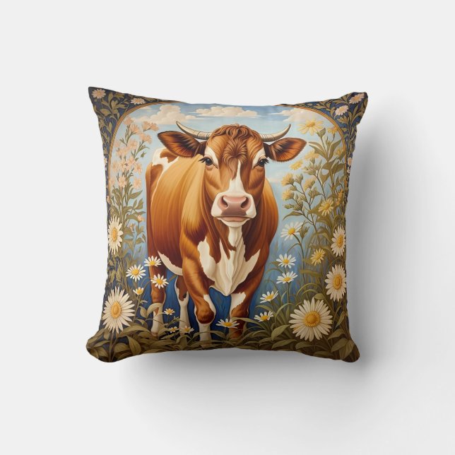 Beautiful Jersey Cow In Daisy field Vintage Cushion (Front)