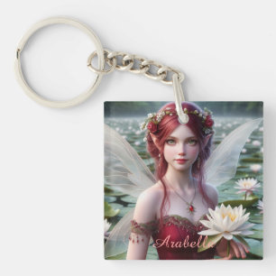 Beautiful July Fairy in Water Lilies Key Ring