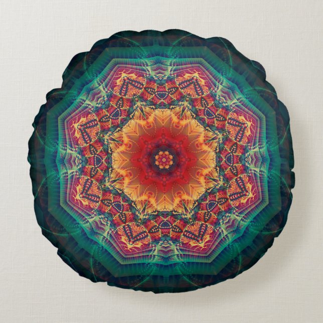 Beautiful kaleidoscope multicolored flower pattern round cushion (Front)