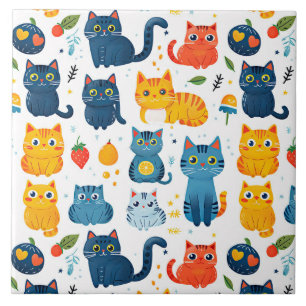 Beautiful kawaii cats, playing with toys white ba Ceramic Tile